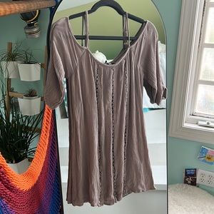 Brown front detail off the shoulder dress with sleeves